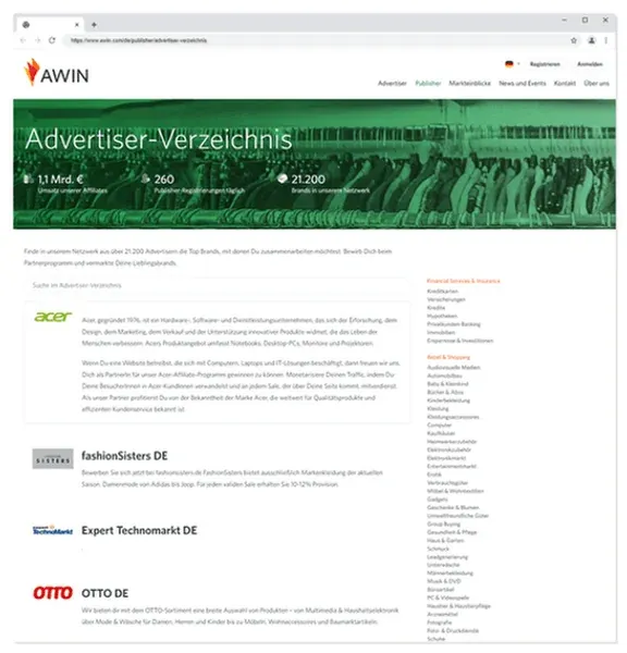 Advertiser Verzeichnis des Affiliate Netzwerks Awin