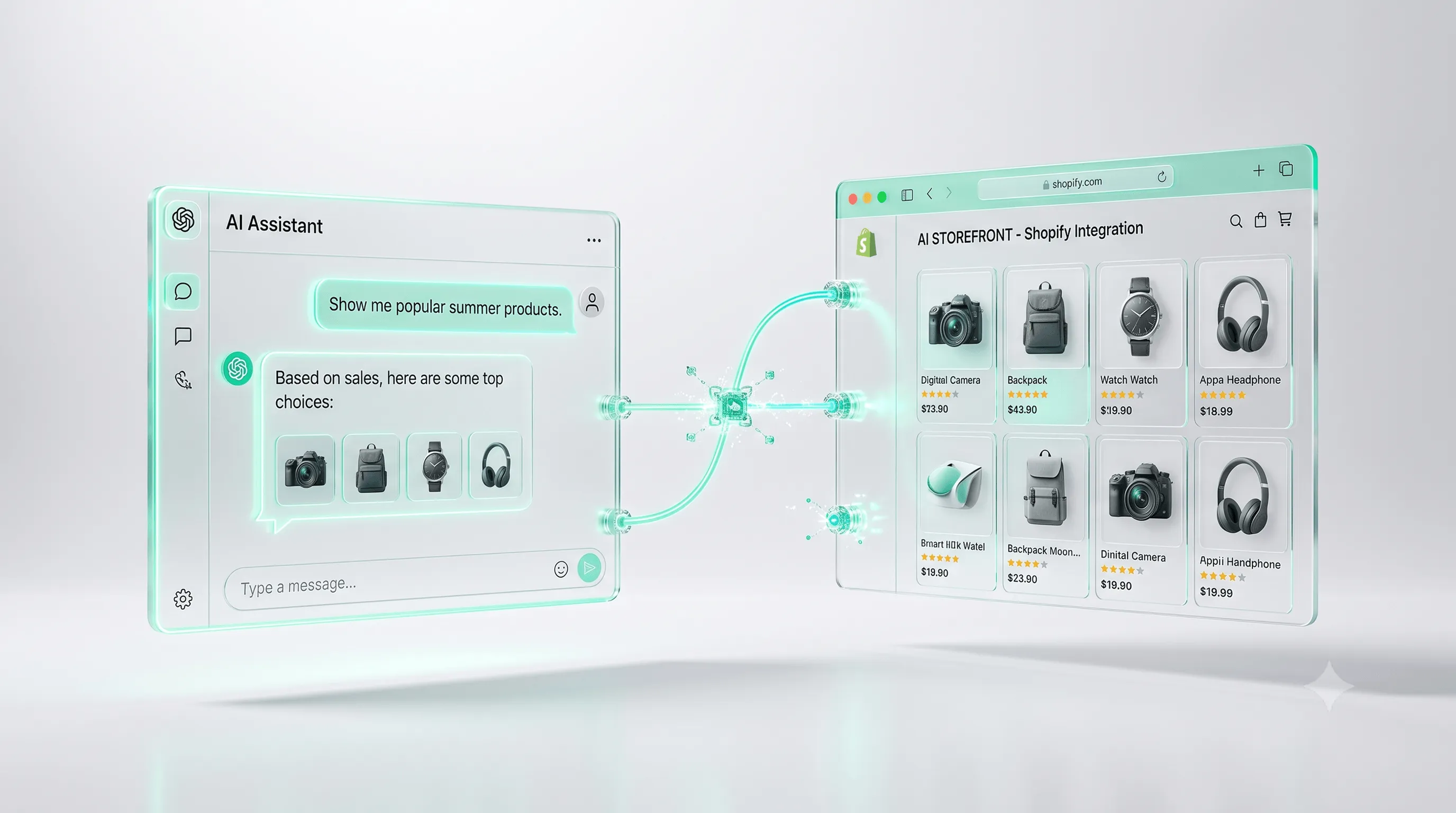 Claude für Shopify: Chat-Interface neben Shopify-Shop-Vorschau, verbunden über Connector und MCP