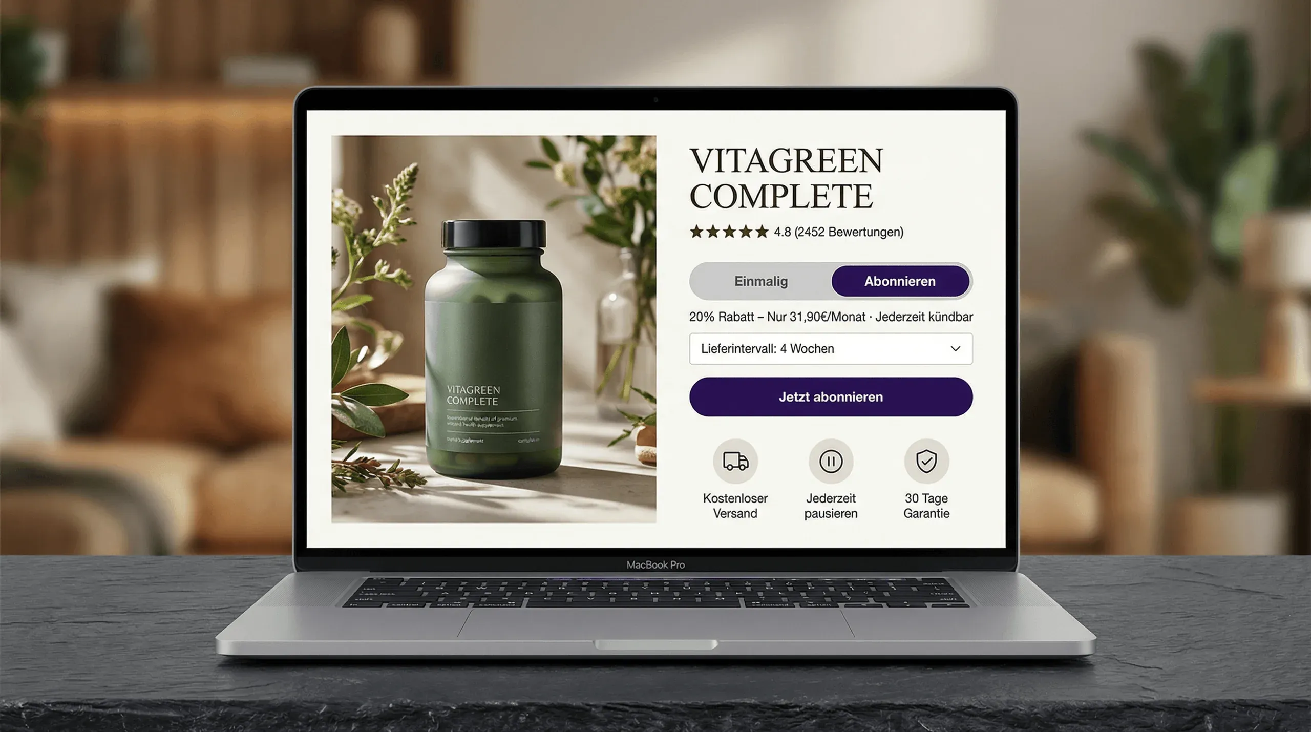 Shopify Produktseite mit Abo-Option – Subscribe & Save 15% hervorgehoben