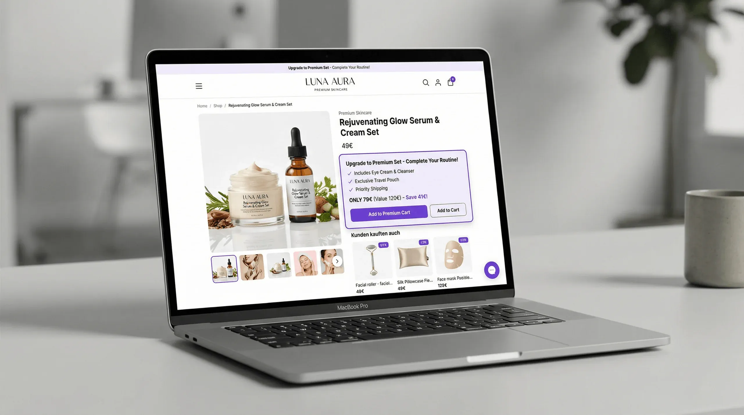 Onlineshop Produktseite mit Up-Selling Bundle-Box und Cross-Selling Produktreihe