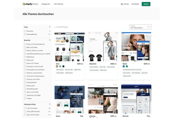 Übersicht des Shopify Theme Stores mit Dawn Theme
