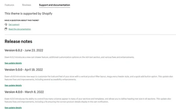Support und Dokumentations-Sektion in der Shopify Theme Übersicht