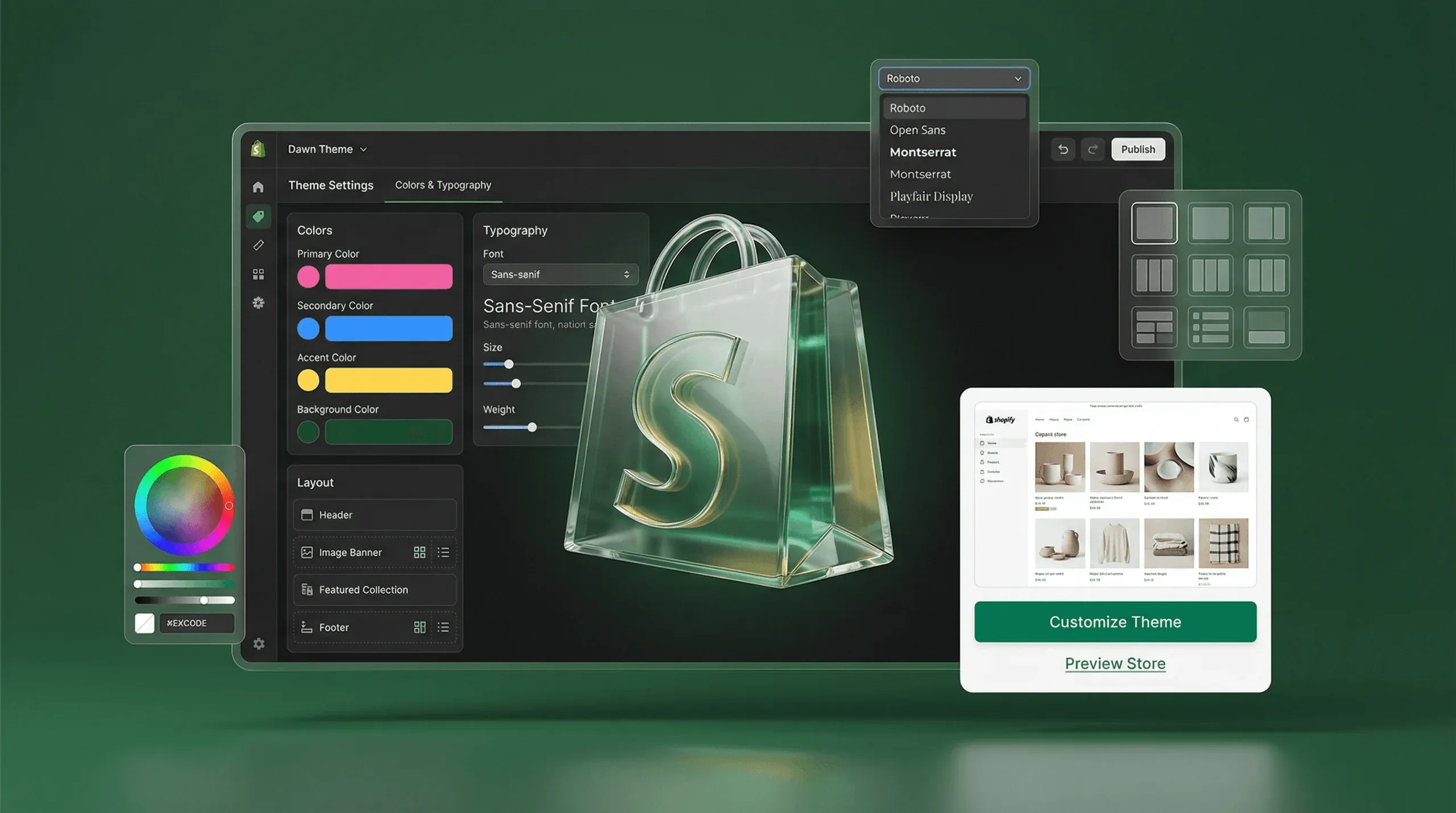 Shopify Theme Editor mit Dawn Theme Customization Panel und Theme Preview