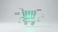 3D-Illustration eines wachsenden Warenkorbs mit AOV-Kennzahlen und Upselling-Elementen