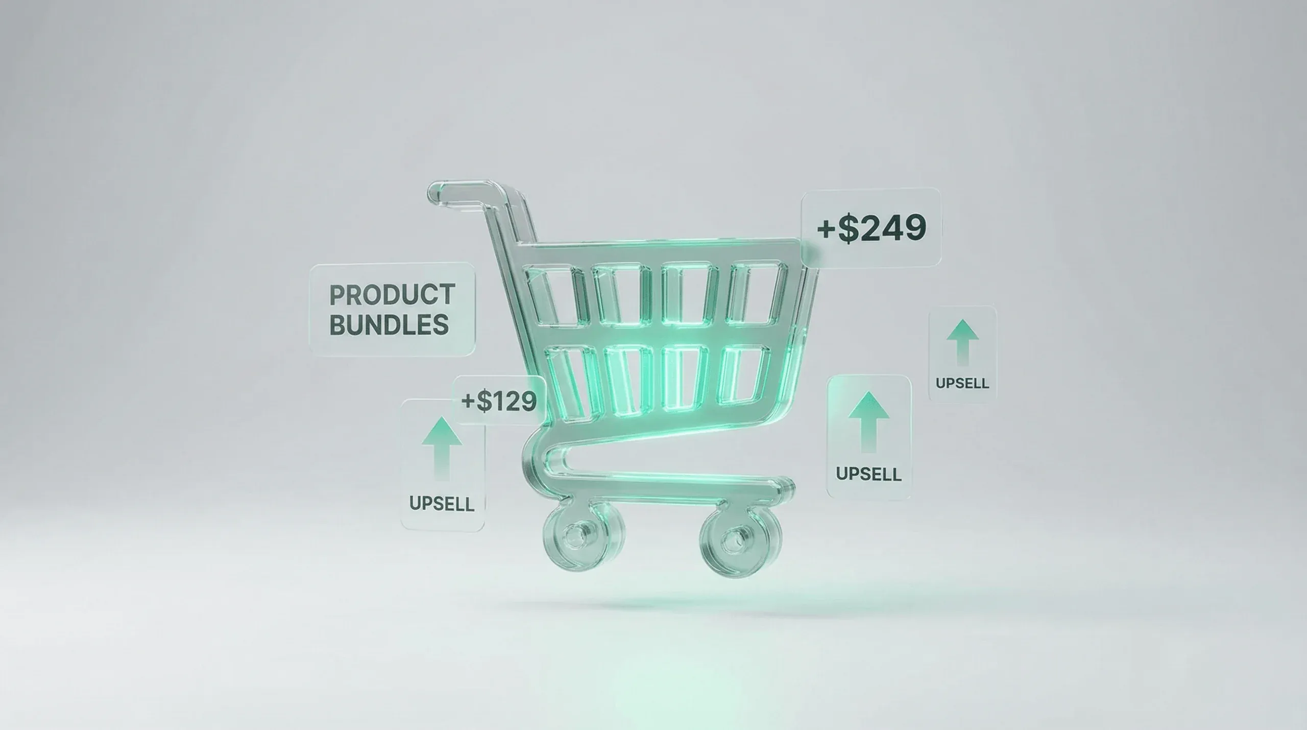 3D-Illustration eines wachsenden Warenkorbs mit AOV-Kennzahlen und Upselling-Elementen