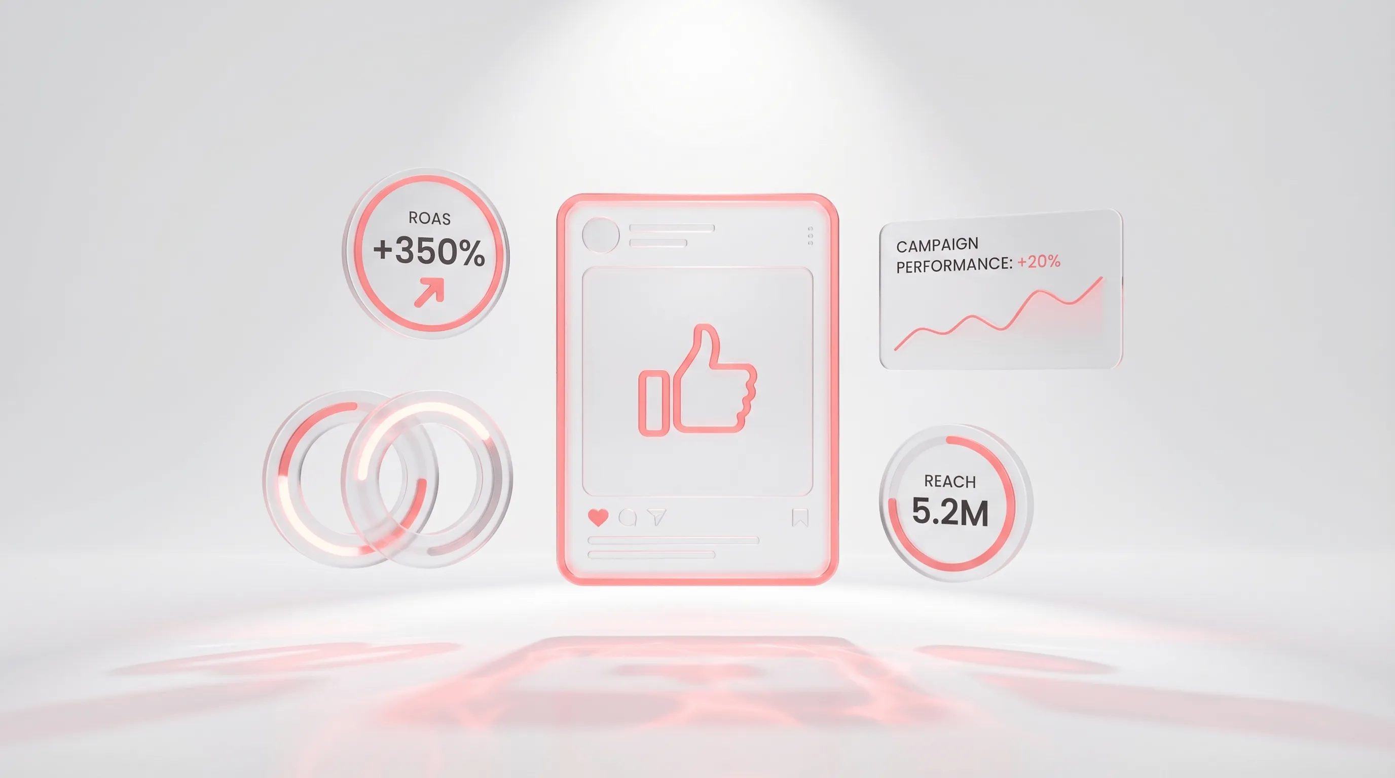 3D Illustration des Meta-Logos mit Targeting- und Kampagnen-Elementen