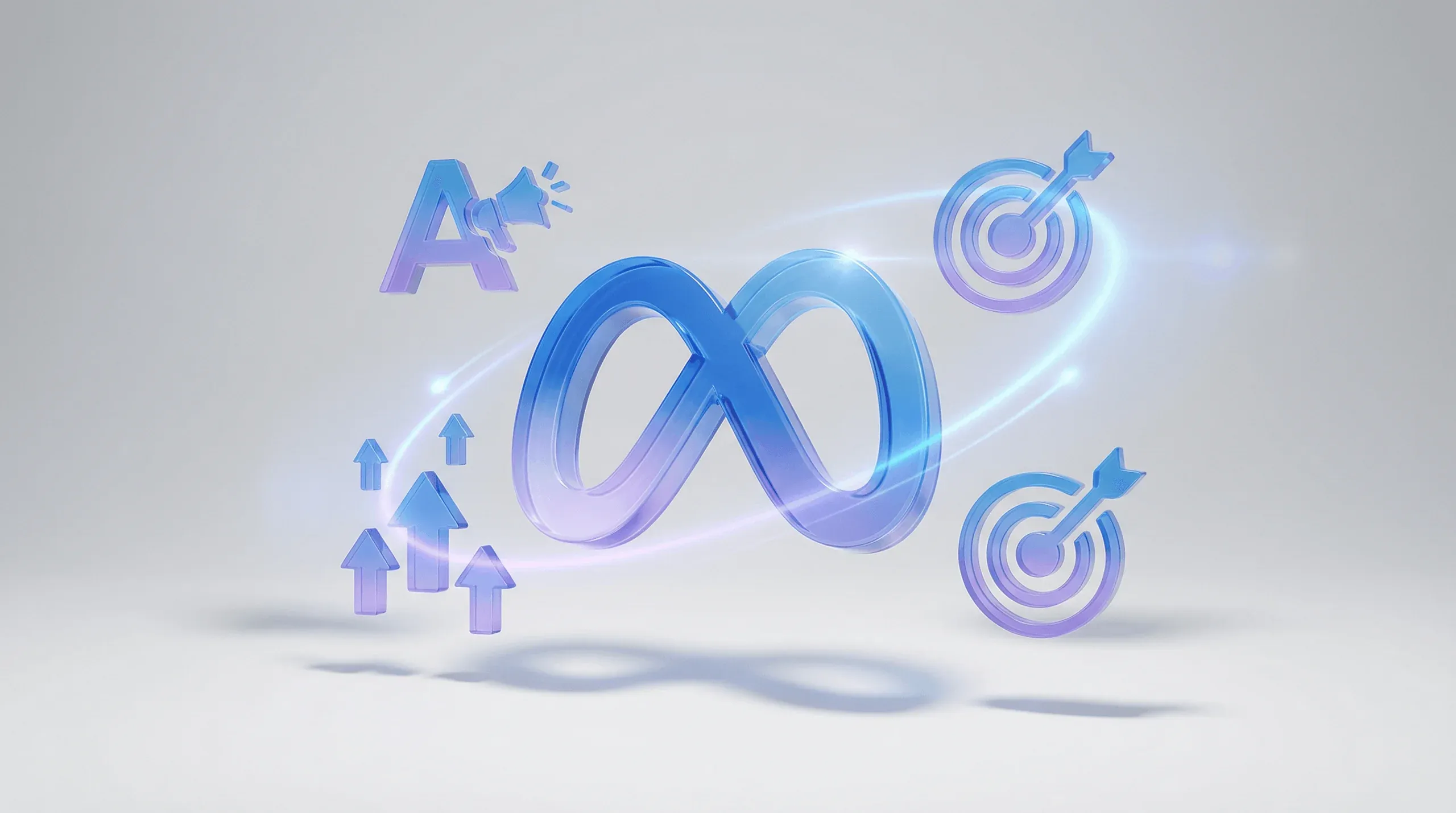 3D Illustration des Meta-Logos mit Targeting- und Kampagnen-Elementen