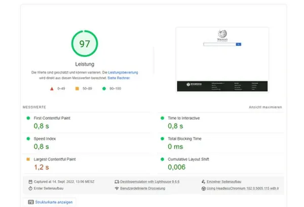Dashboard von Google Pagespeed Insights