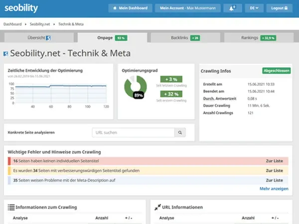 Dashboard von Seobility