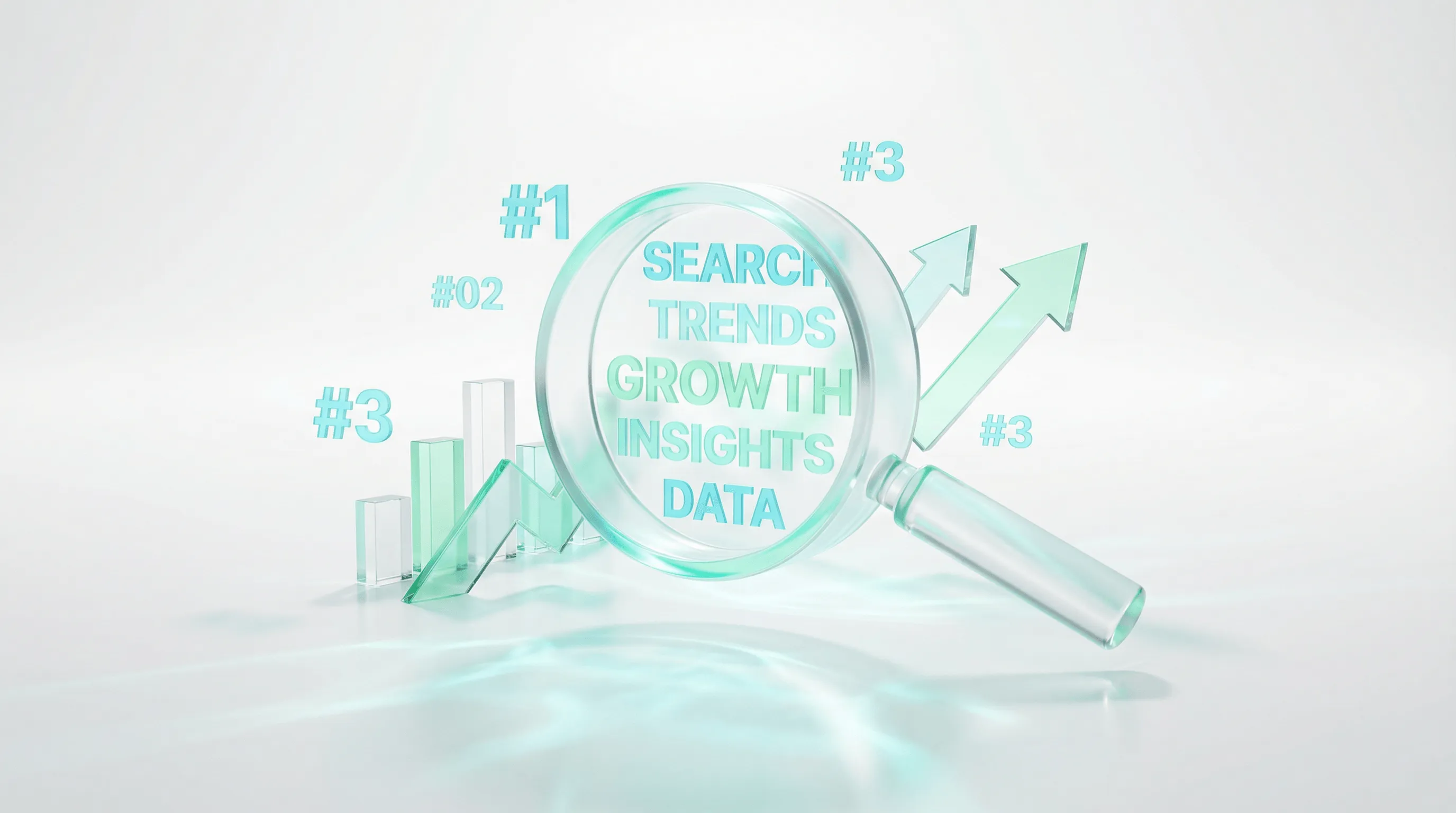 3D Illustration einer Lupe mit SEO-Keywords und Ranking-Elementen