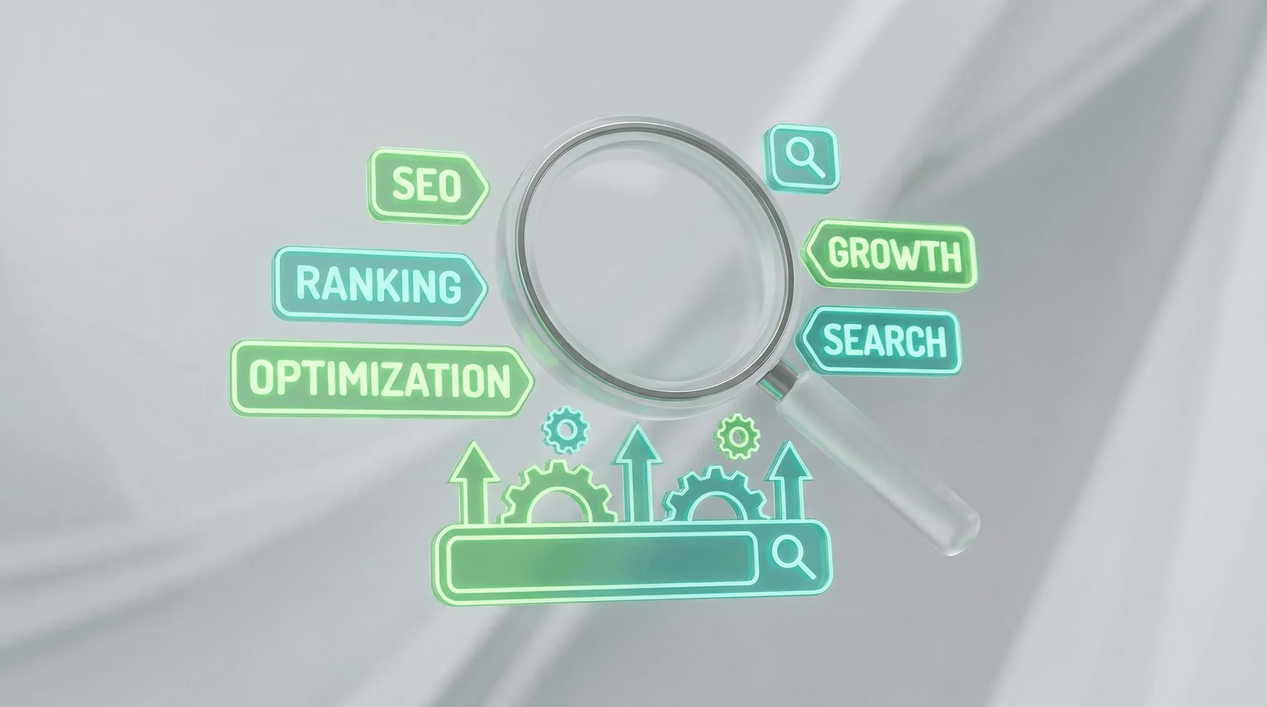 3D Illustration einer Lupe mit SEO-Keywords und Ranking-Elementen