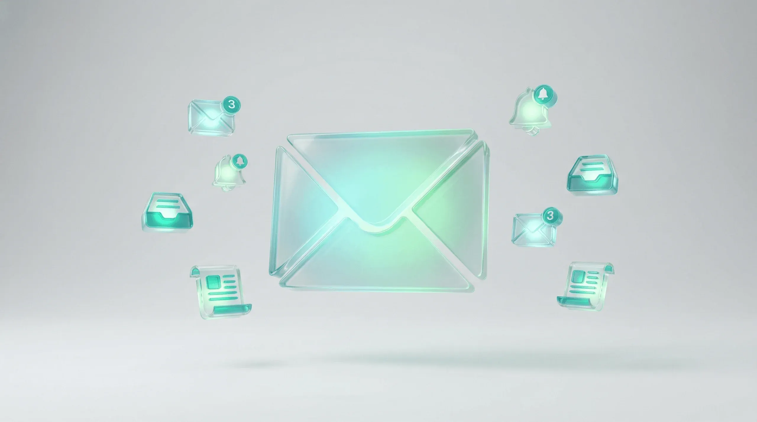 3D Illustration eines E-Mail-Umschlags mit Newsletter- und Benachrichtigungs-Elementen