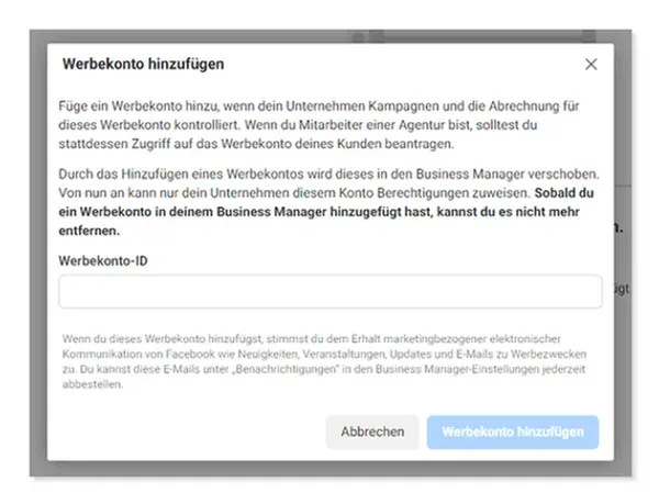 Hinzufügen eines Werbekontos auf Facebook