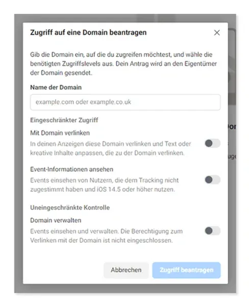 Beantragung des Domain Zugriffs für Facebook Pixel