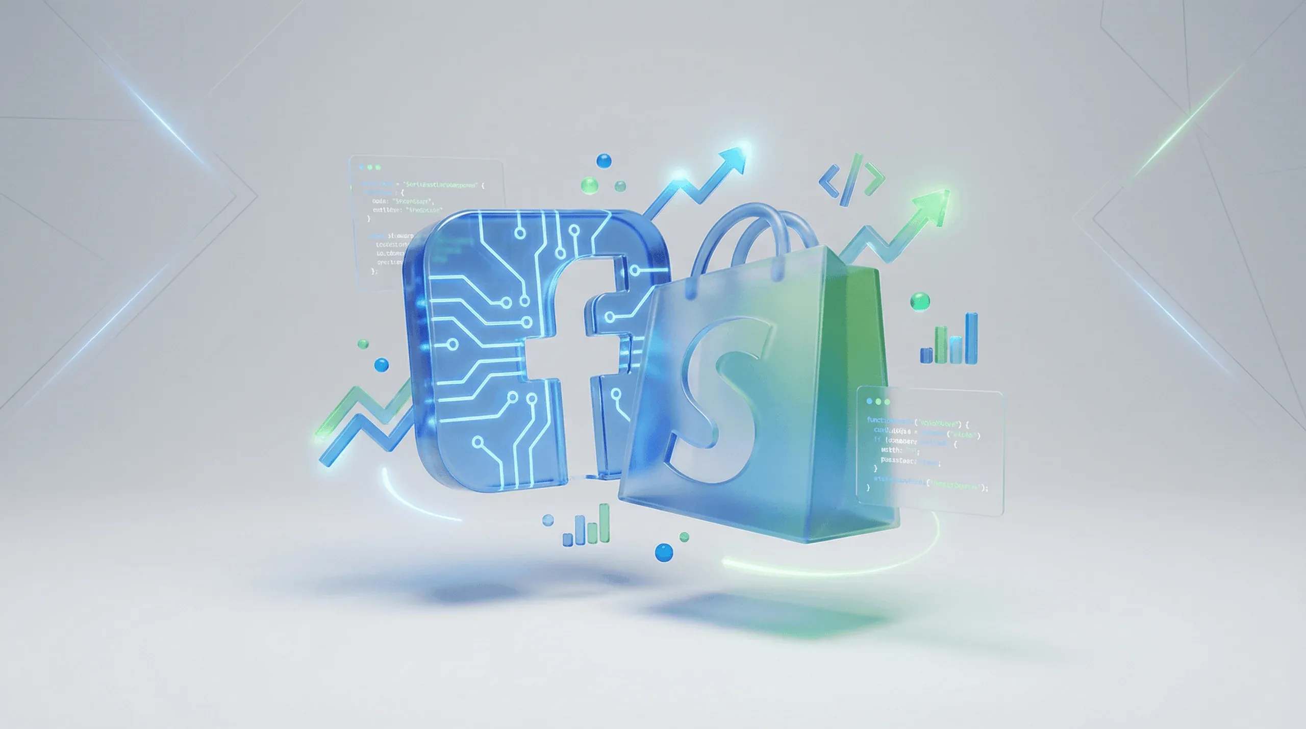 3D Illustration eines Facebook Pixels mit Shopify-Integration und Tracking-Elementen