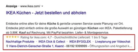 Beispiel von Google Ads Anzeigenerweiterungen