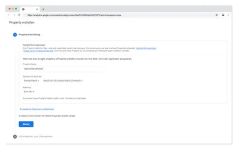 Kontoeinrichtung bei Google Analytics - Eingabe der Kontodetails 