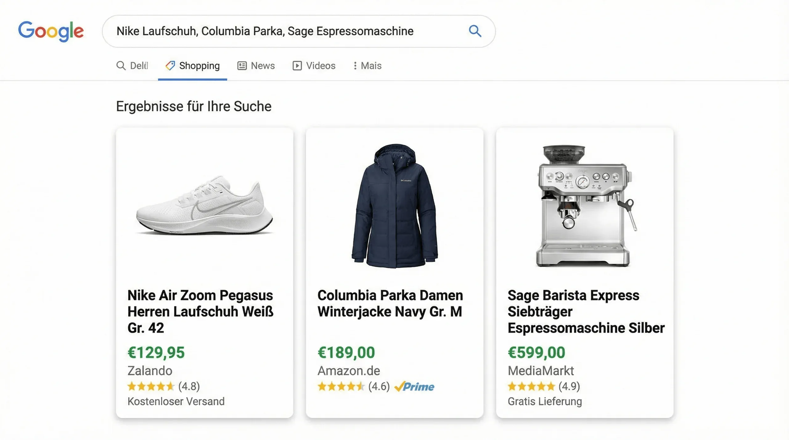 Beispiel optimierter Google Shopping Produktlistings – Marke, Produkttyp und Attribut im Titel, Preis inkl. MwSt.