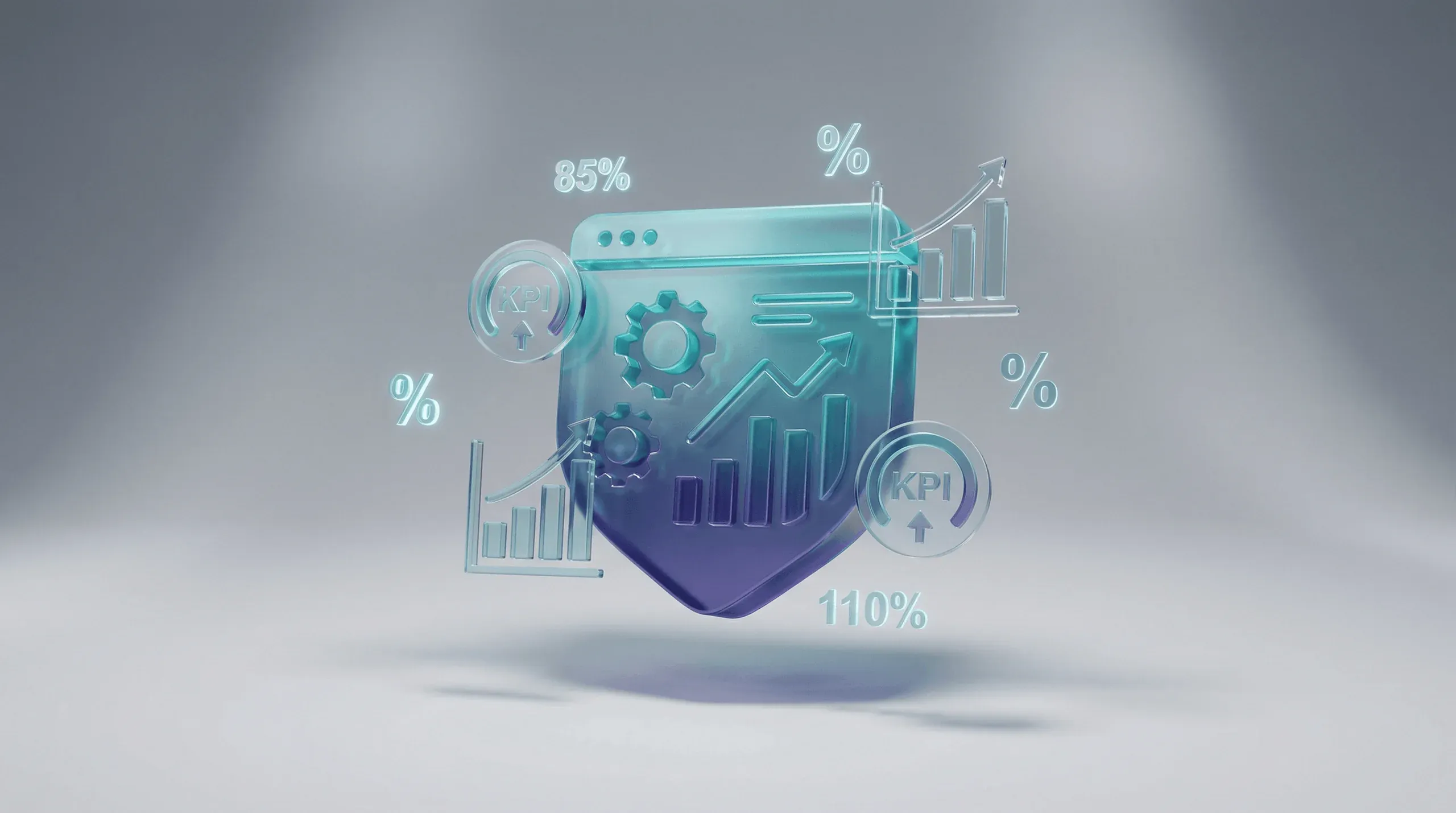 3D Illustration eines Analytics-Dashboards mit KPI-Charts und Metriken