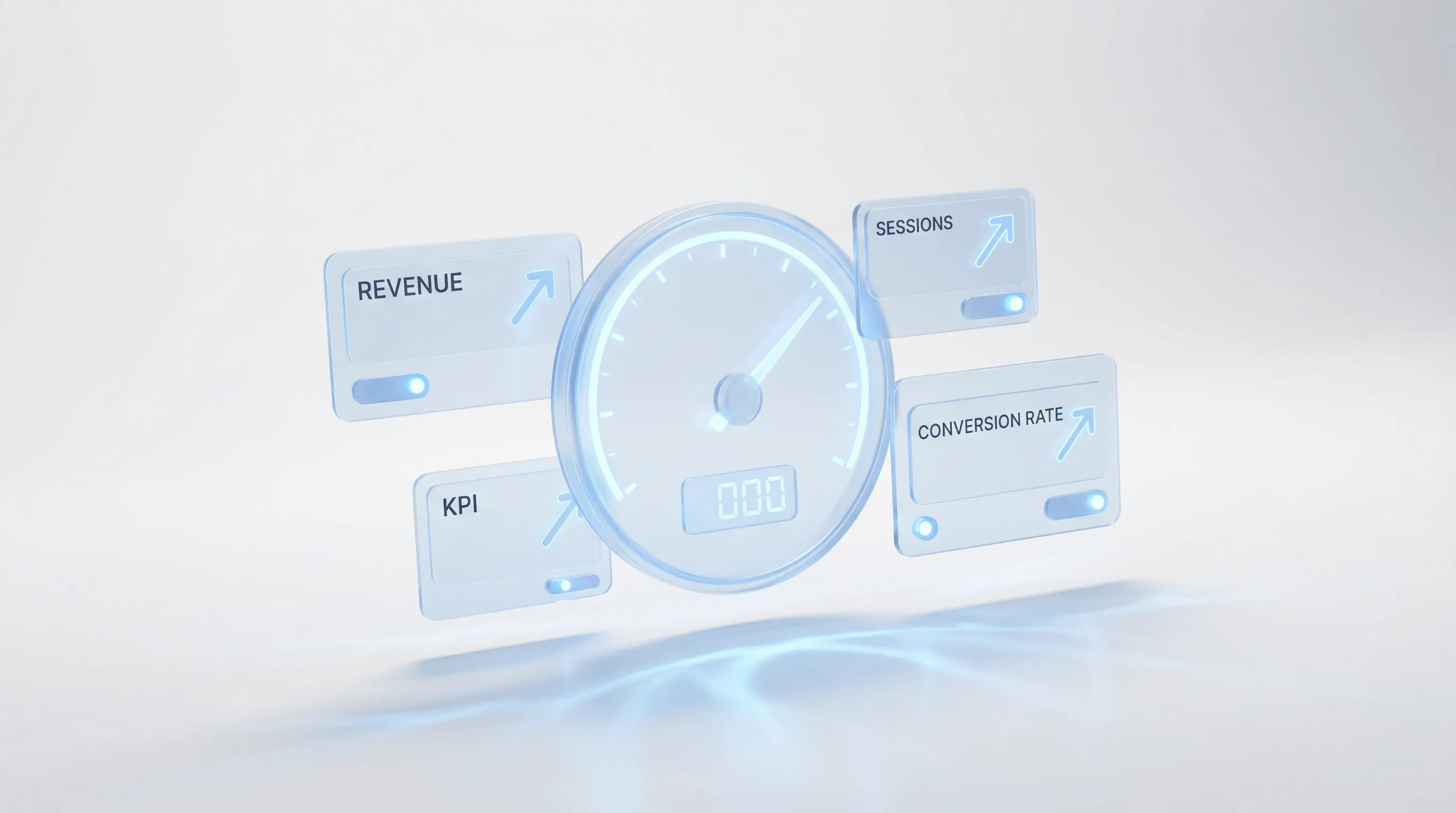 3D Illustration eines Analytics-Dashboards mit KPI-Charts und Metriken