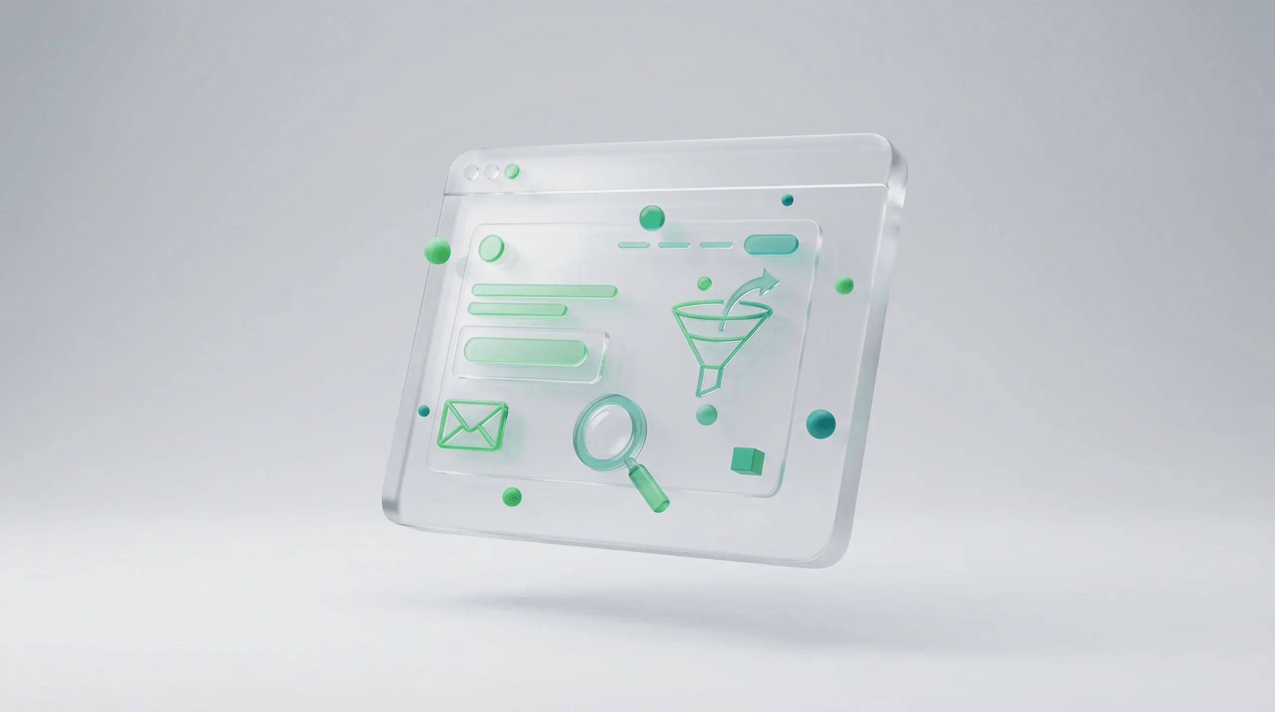 3D Illustration eines Browser-Fensters mit Landing Page Layout und Conversion-Elementen