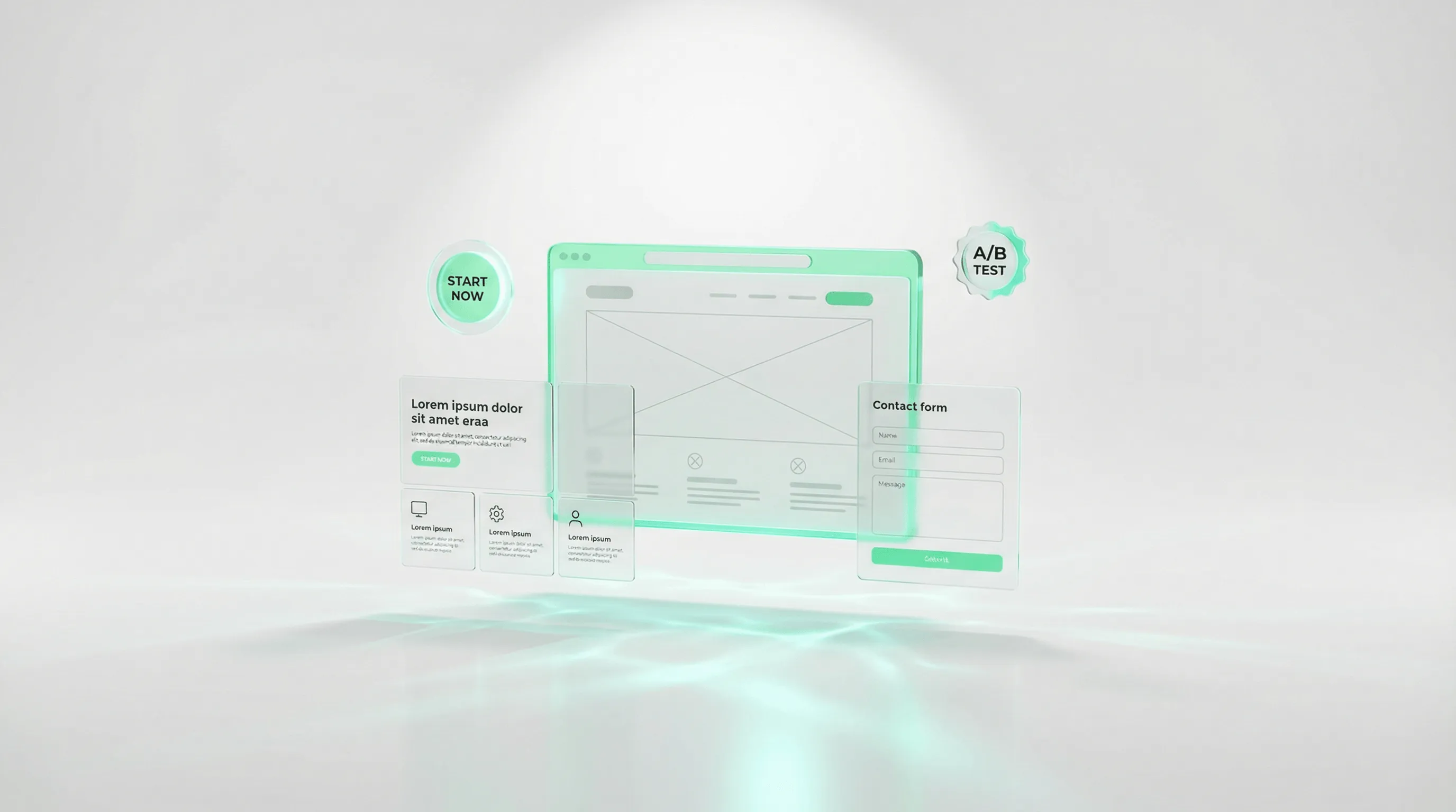 3D Illustration eines Browser-Fensters mit Landing Page Layout und Conversion-Elementen