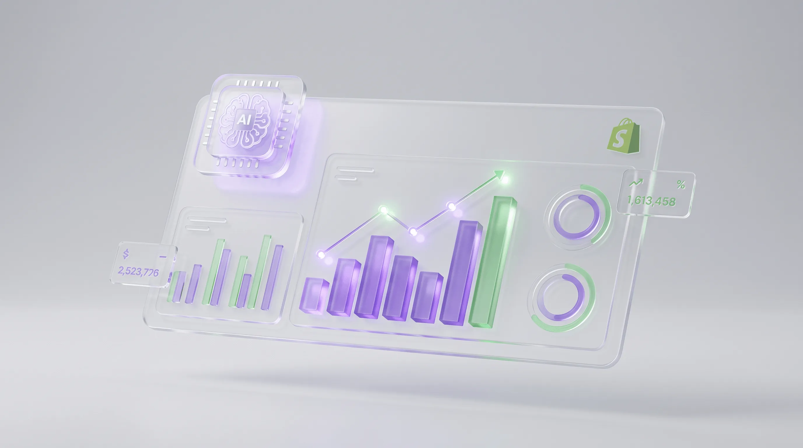 Shopify Predictive Analytics – Glas-Dashboard mit KI-Chip, Charts und Shopify Logo
