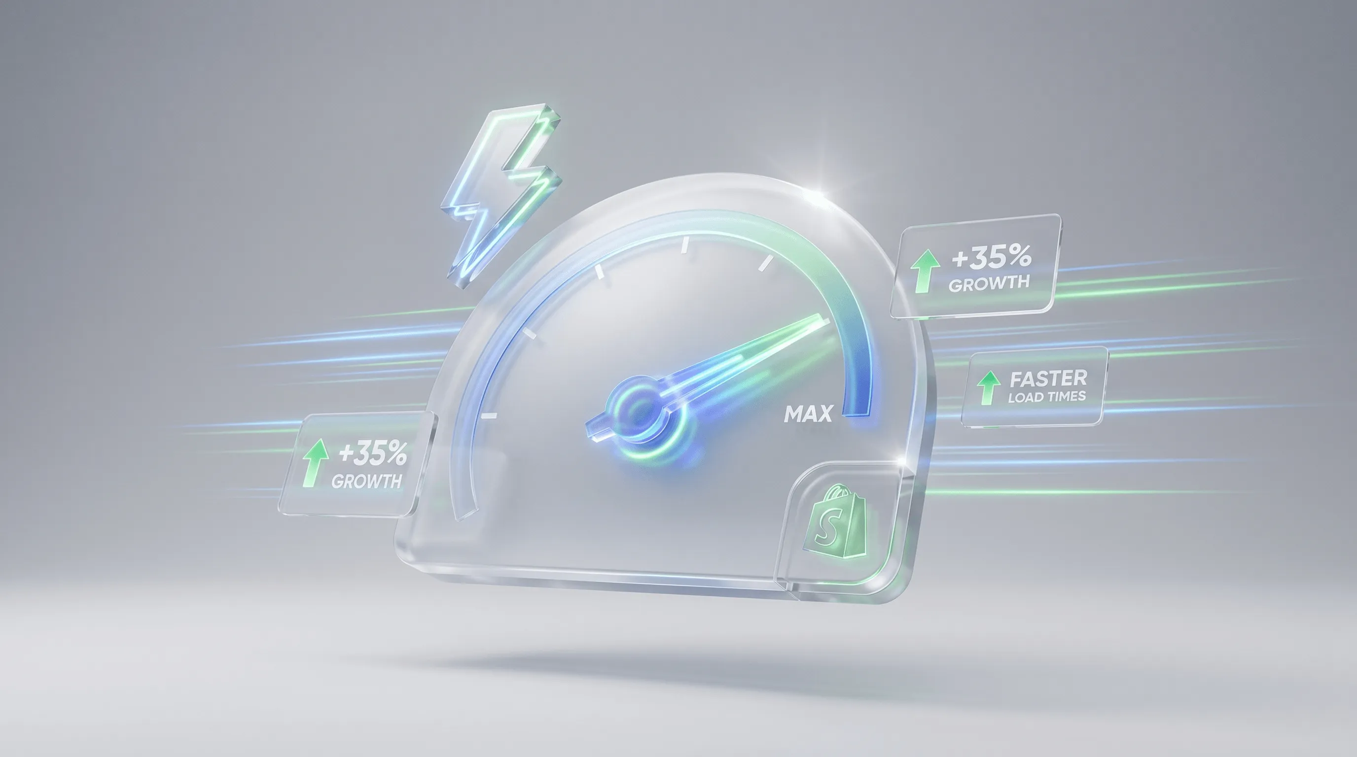 Shopify Shop Geschwindigkeit optimieren – Glas-Tachometer auf Maximum mit Speed-Lines