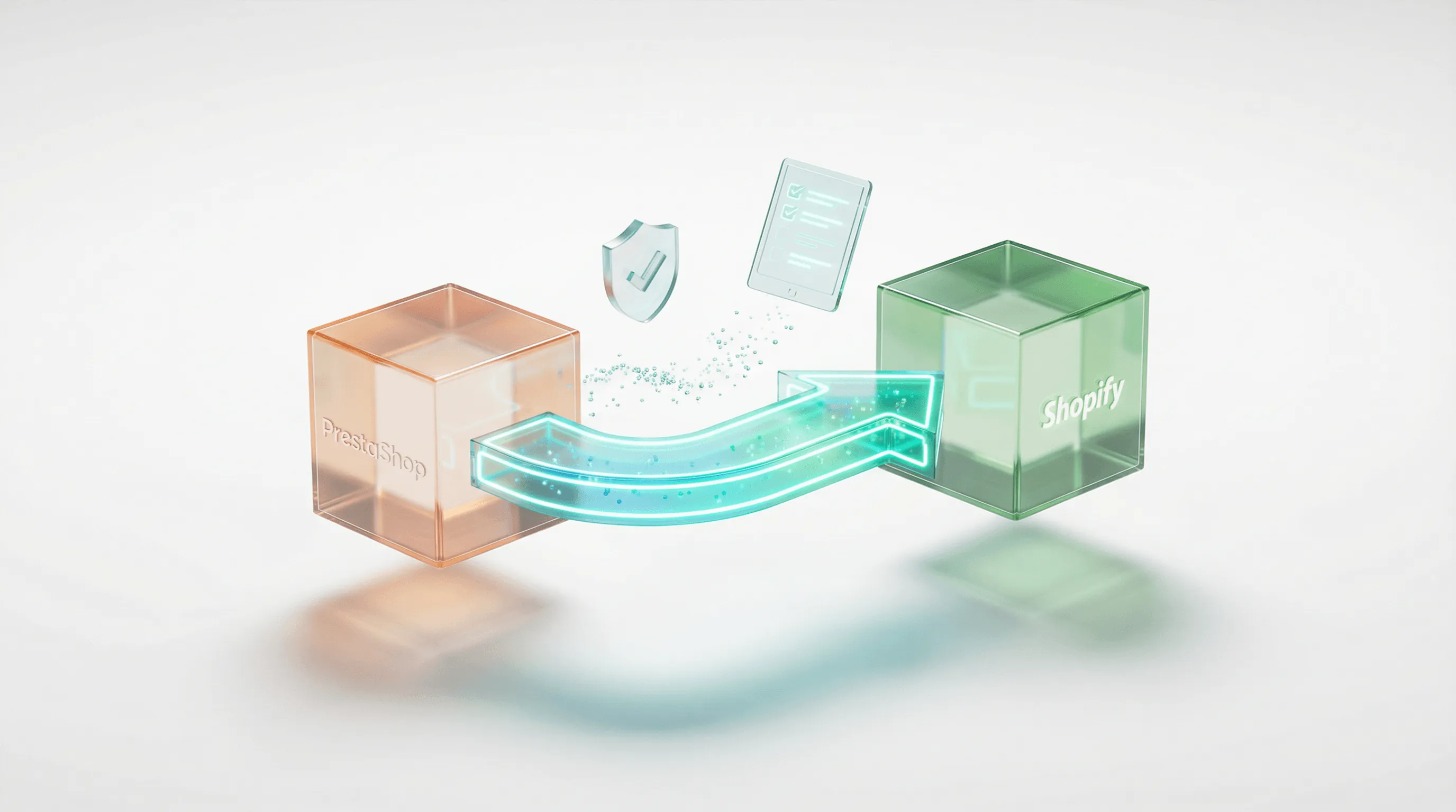 PrestaShop zu Shopify Migration – 3D-Illustration: Migrationsweg vom PrestaShop-Logo zu Shopify mit SEO-Schildern und Checkliste