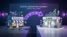 PrestaShop zu Shopify Migration – 3D-Illustration: Migrationsweg vom PrestaShop-Logo zu Shopify mit SEO-Schildern und Checkliste