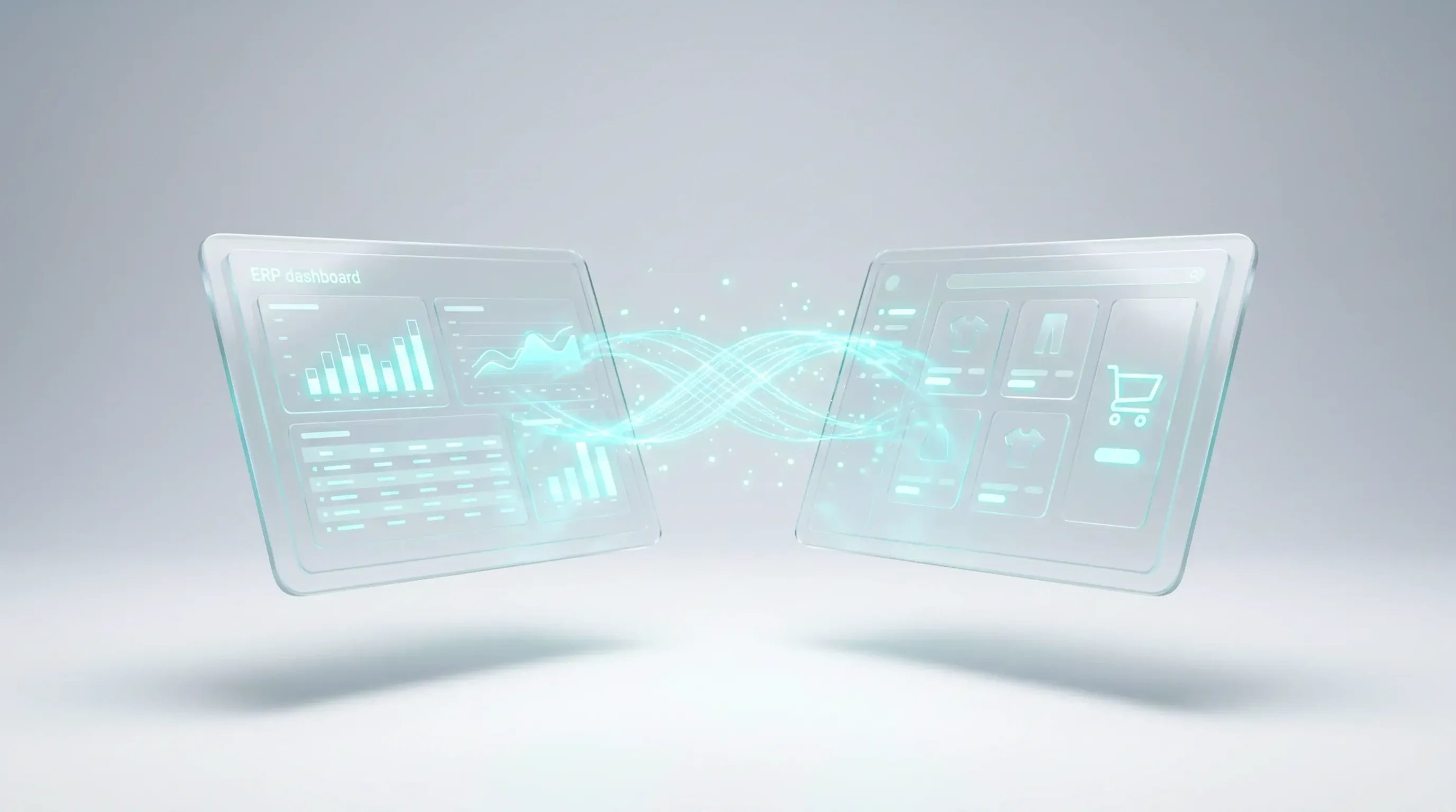 SAP und Shopify Integration – 3D-Illustration: SAP-ERP-System verbunden mit Shopify-Shop via Datenfluss-Diagramm