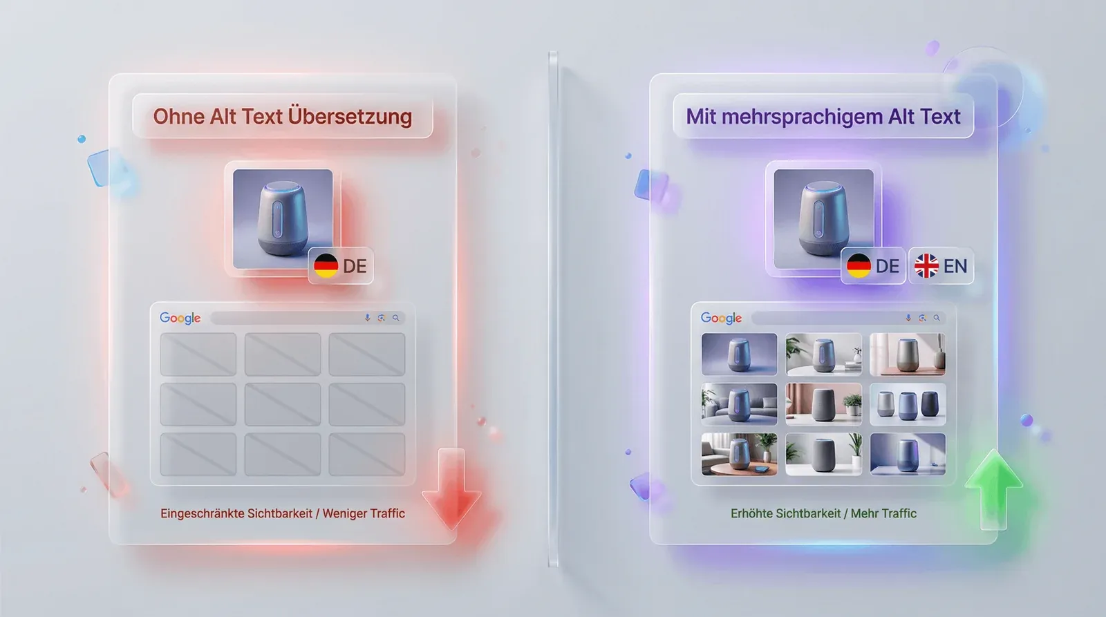 Vorher/Nachher: Shopify Shop ohne vs. mit mehrsprachigem Alt Text in der Google Bildersuche