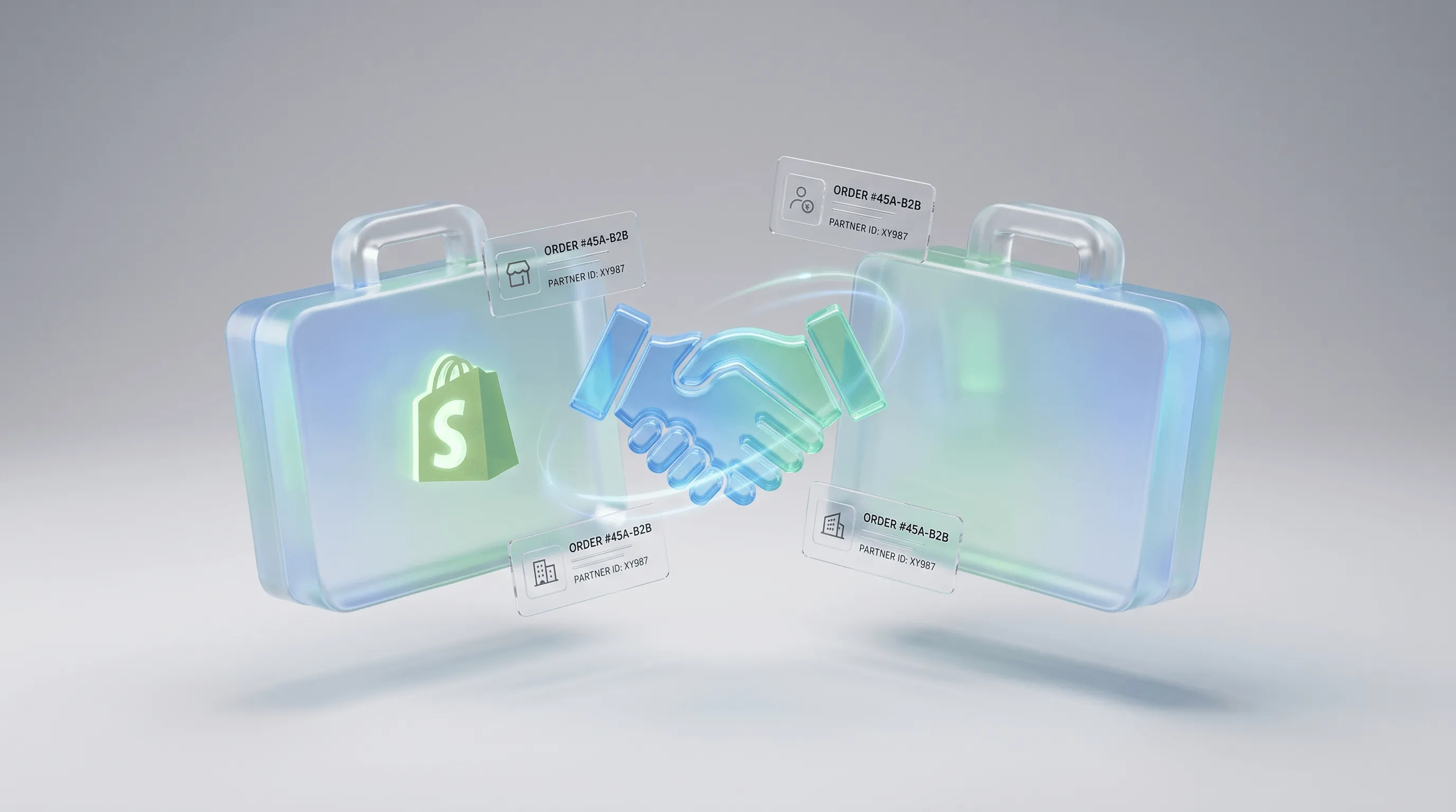 Shopify B2B – zwei Glas-Aktentaschen mit Shopify Logo und Handschlag im Glass Morphism Stil