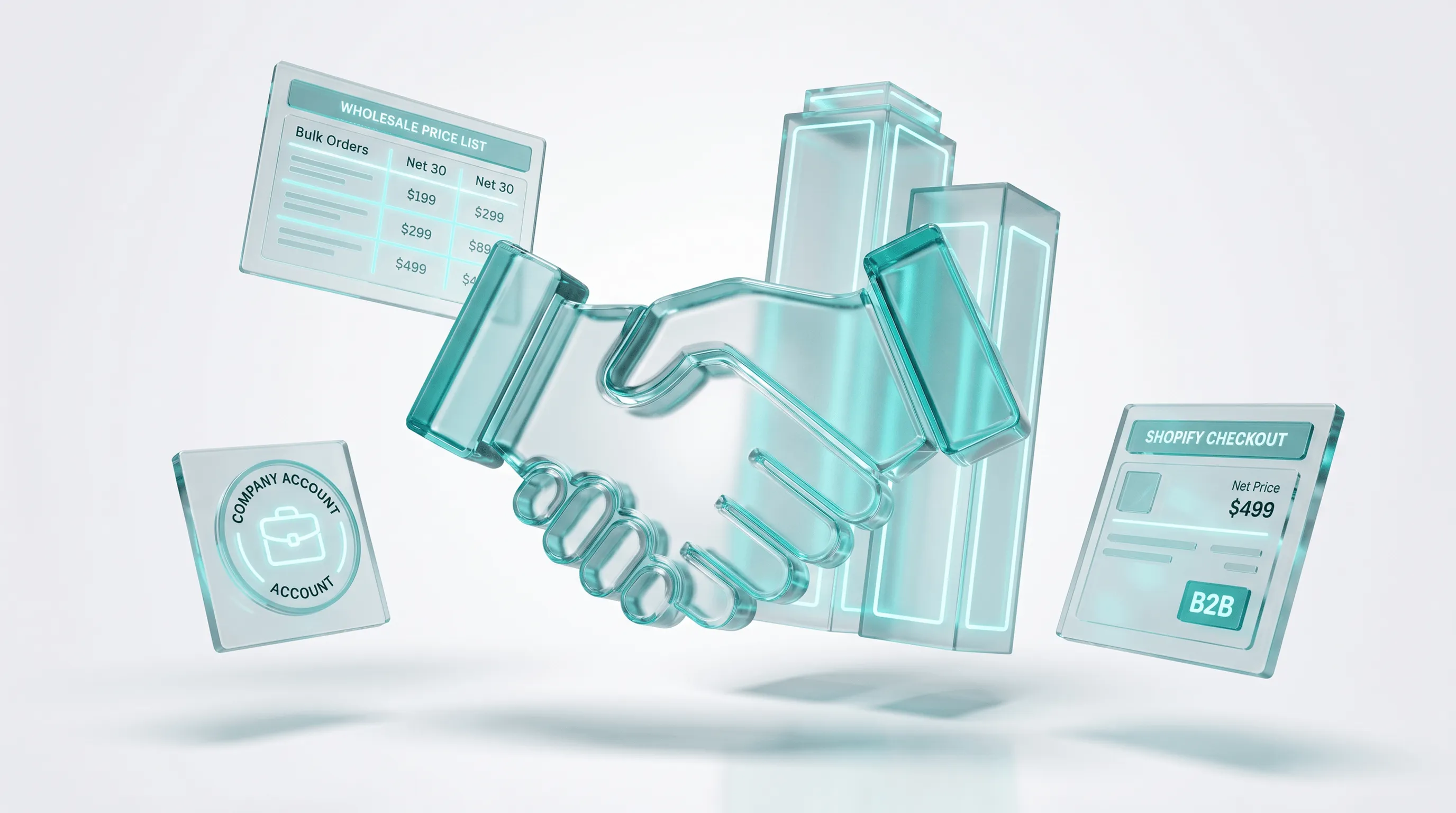 Shopify B2B Shop einrichten, Glassmorphism Illustration mit B2B Commerce Elementen