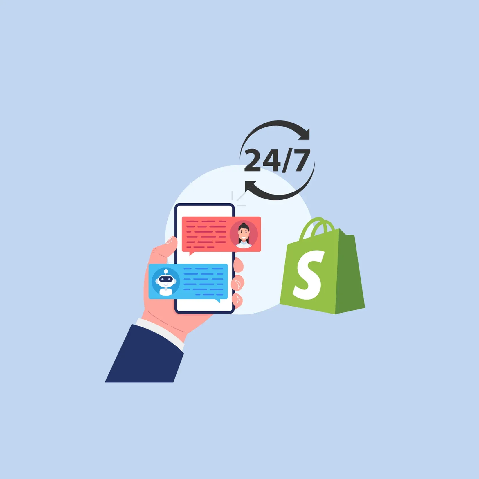 Eine Hand hält ein Smartphone mit einer Chatbot-Konversation, daneben eine Shopify-Einkaufstasche und ein 24/7-Symbol.