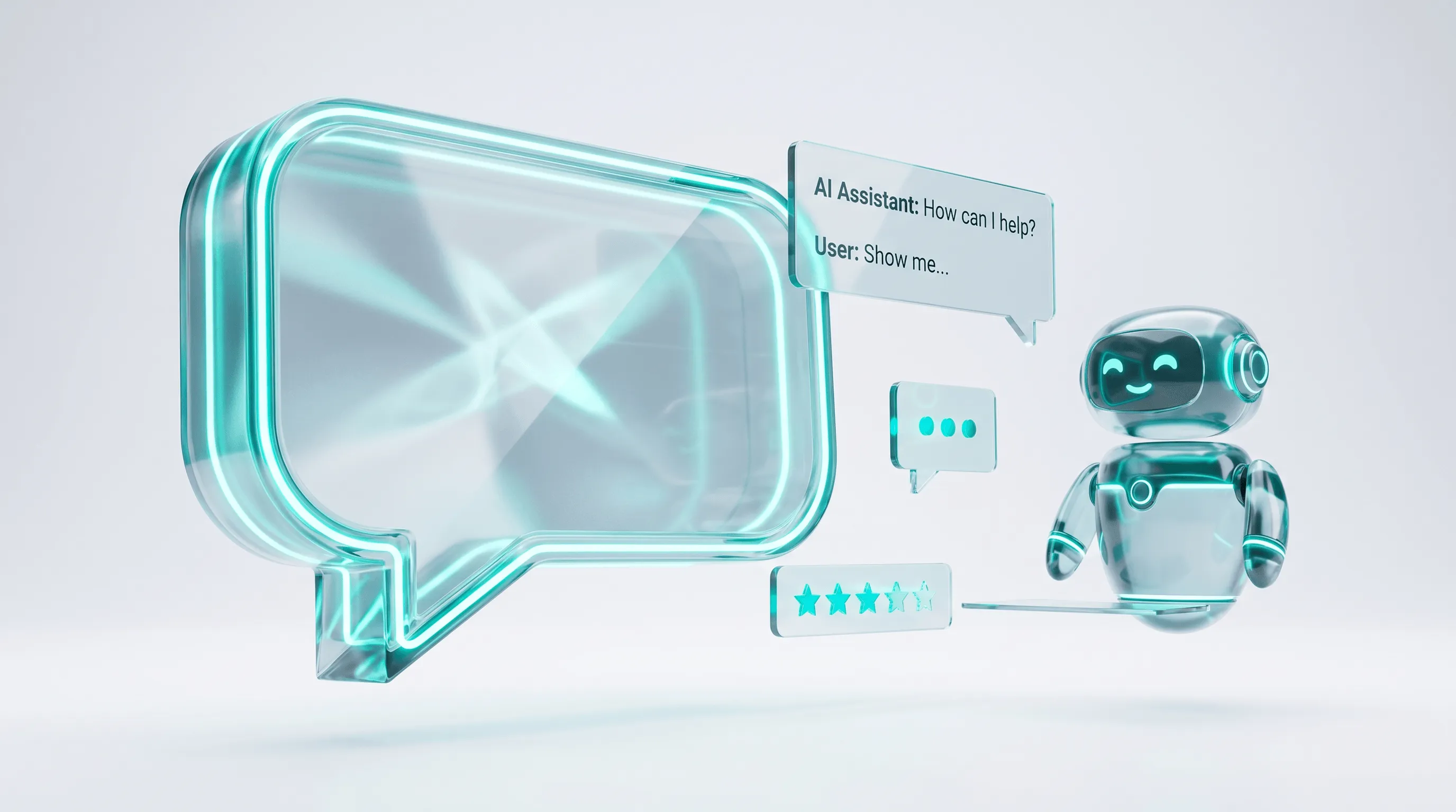Shopify Chatbot – Glas-Sprechblasen mit KI-Chip, 24/7 und Shopify Logo