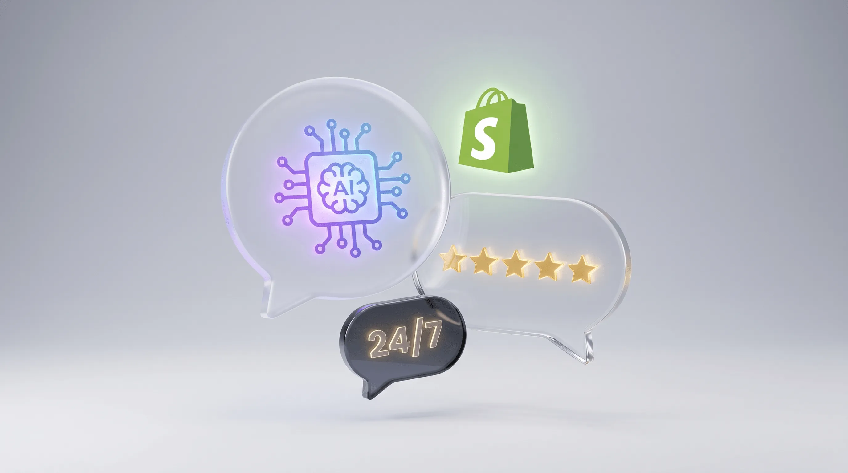 Shopify Chatbot – Glas-Sprechblasen mit KI-Chip, 24/7 und Shopify Logo