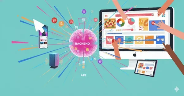 Darstellung des Headless Commerce Prinzips mit getrenntem Backend (Gehirn) und flexibel gestaltbaren Frontends (Desktop, Tablet, Smartphone), bedient von verschiedenen Händen.