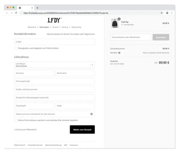 Checkout des LFDY Onlineshops