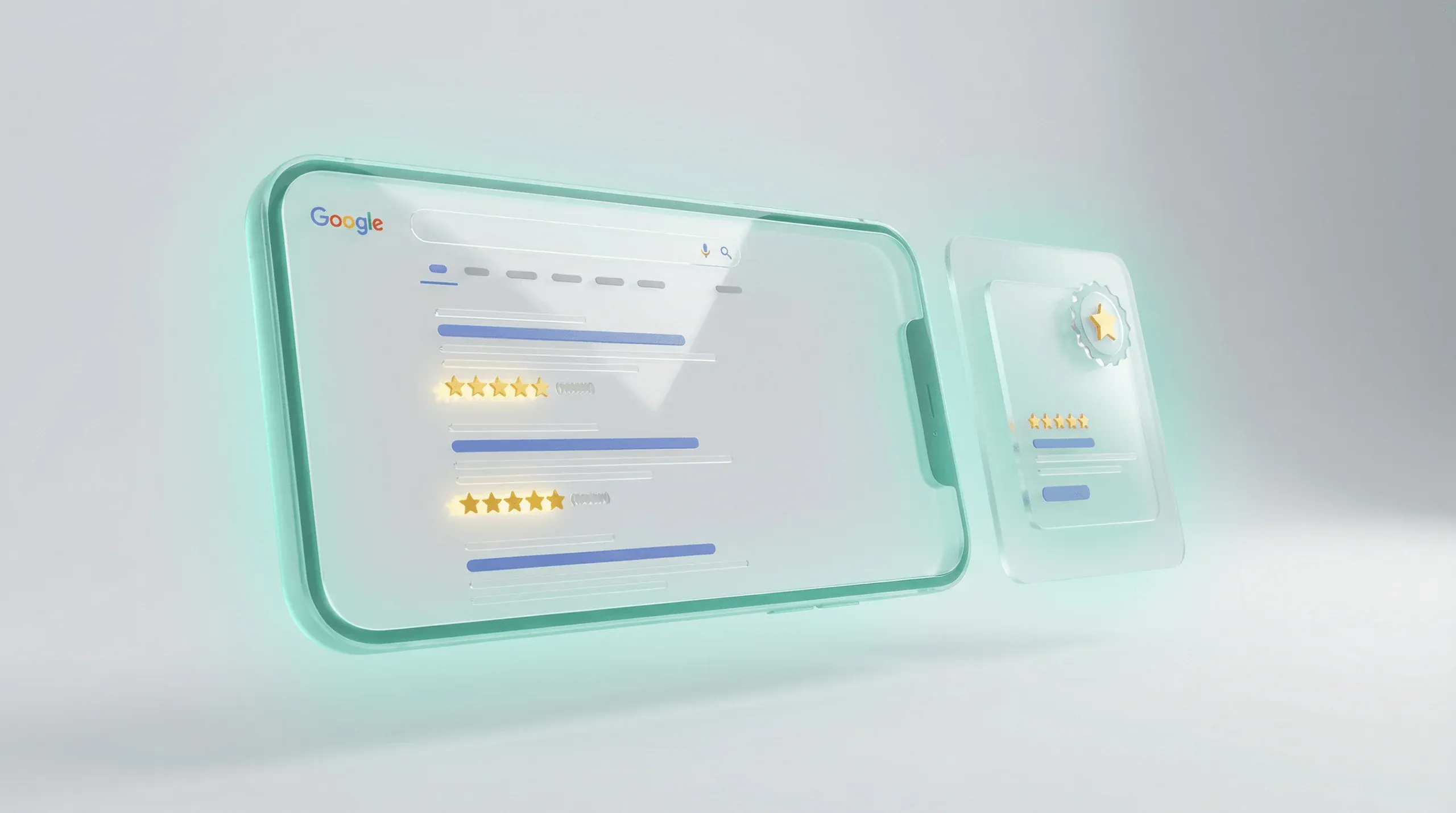 Google Suchergebnisse mit goldenen Sterne-Rich-Snippets neben Shopify-Produktseiten und Google Shopping Produktkarte mit Bewertungs-Badge