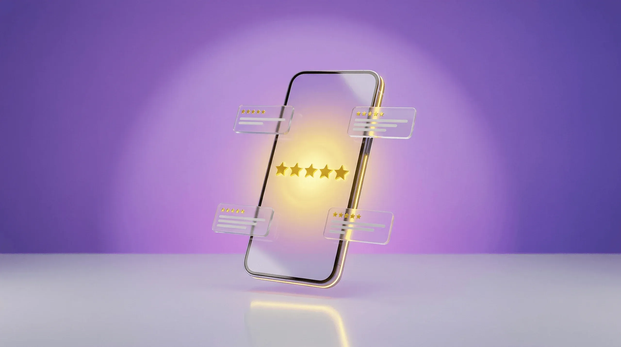 Shopify Produktbewertungen: Smartphone zeigt 5 goldene Sterne mit schwebenden Bewertungskarten