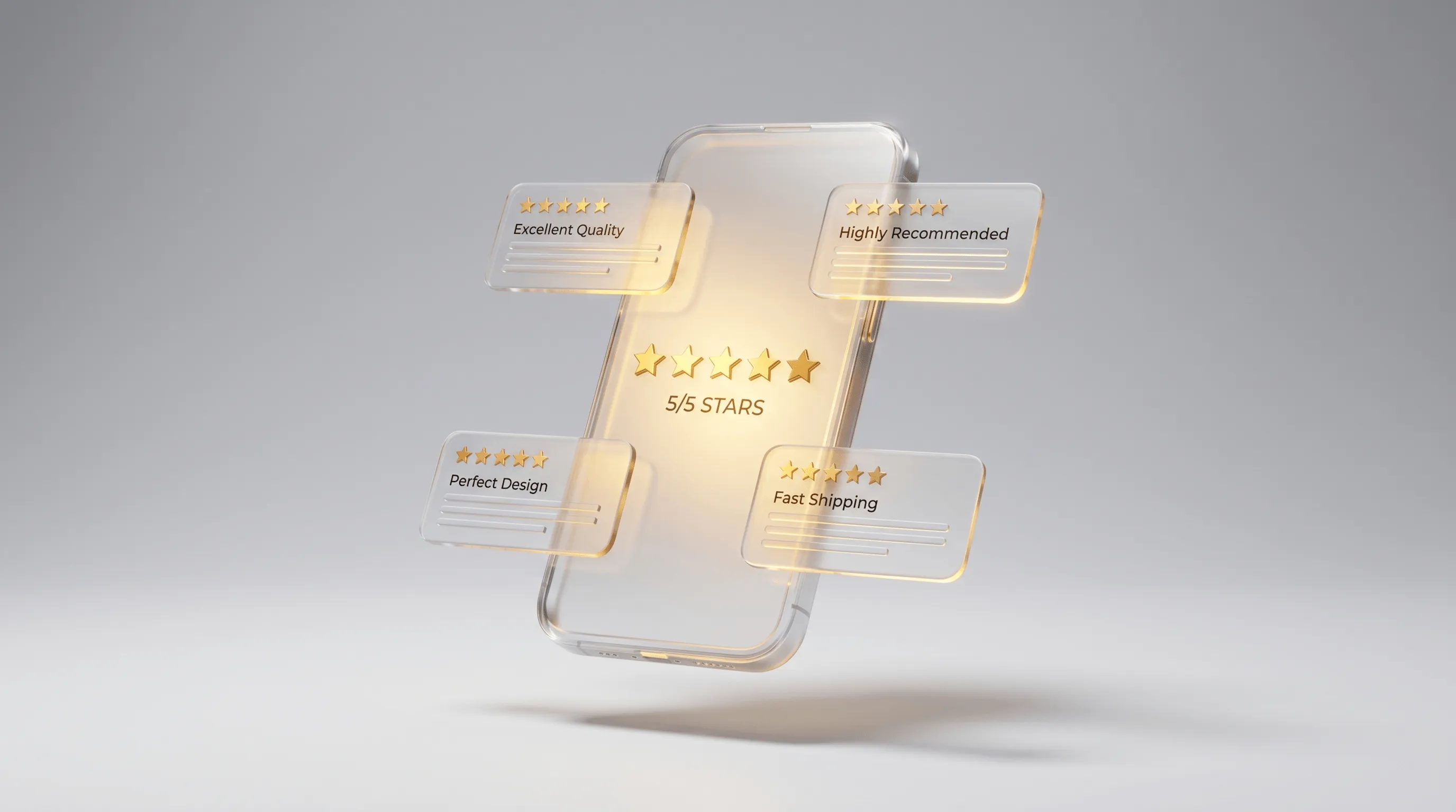 Shopify Produktbewertungen – Glas-Smartphone mit 5 goldenen Sternen und schwebenden Bewertungskarten