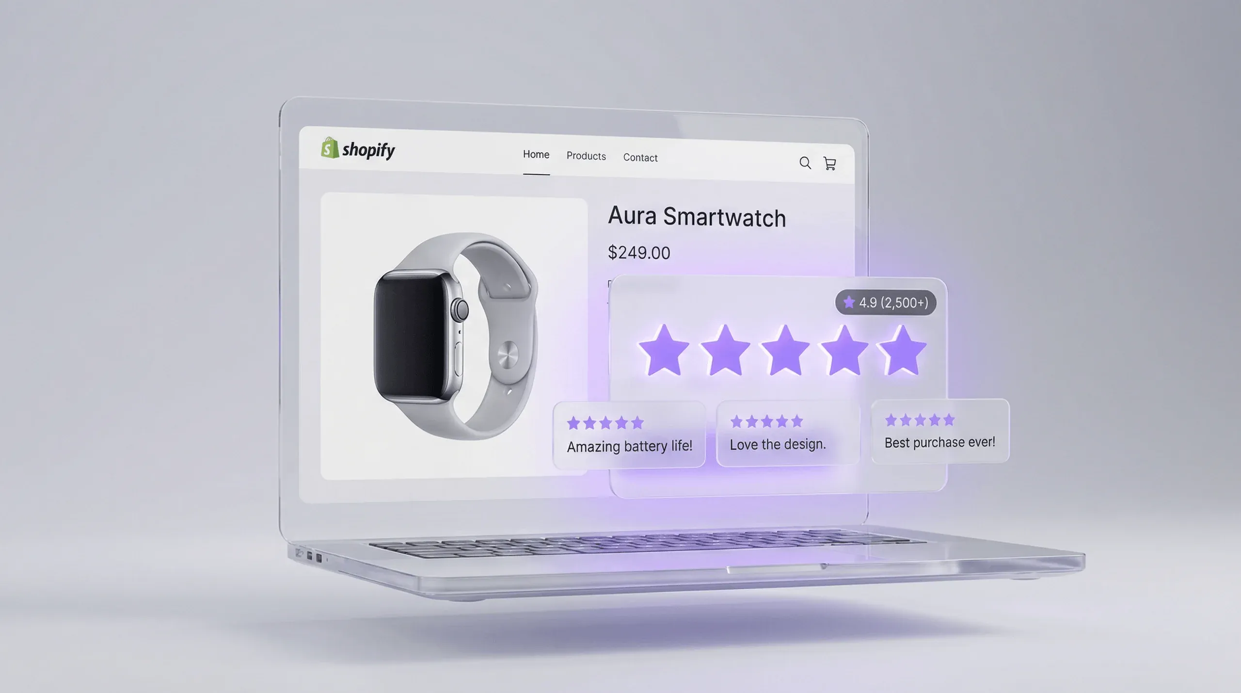 Shopify Produktseite mit Judge.me Review-Widget: Sternebewertungen, Bewertungsanzahl und Kundenfeedback-Karten direkt unterhalb des Produkttitels