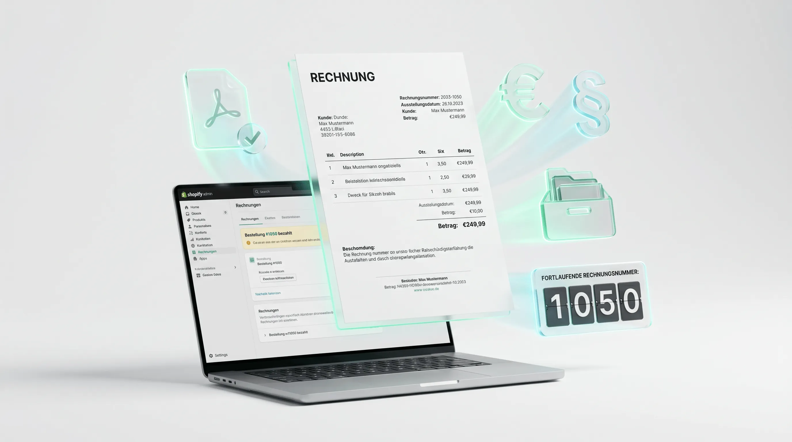 Shopify Rechnungen erstellen GoBD-konform: Rechnungsdokument, Shopify-Interface und Archivierungs-Icons