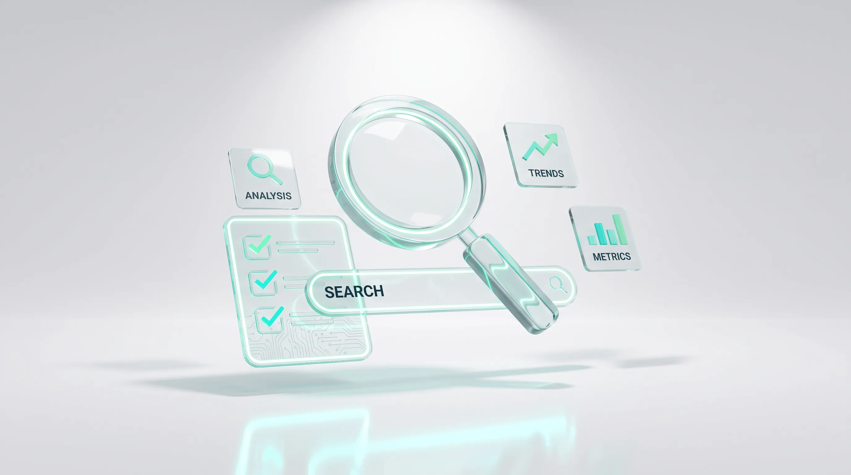 Glasgrafik mit Lupe, Checkliste, Trend-Pfeil und Metriken als Symbol für ein Shopify SEO Audit