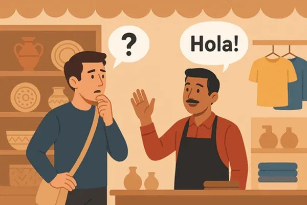 Ein verwirrter Kunde steht in einem ausländischen Laden, während der Verkäufer ihn mit ‚Hola‘ begrüßt; der Kunde versteht die Sprache nicht.