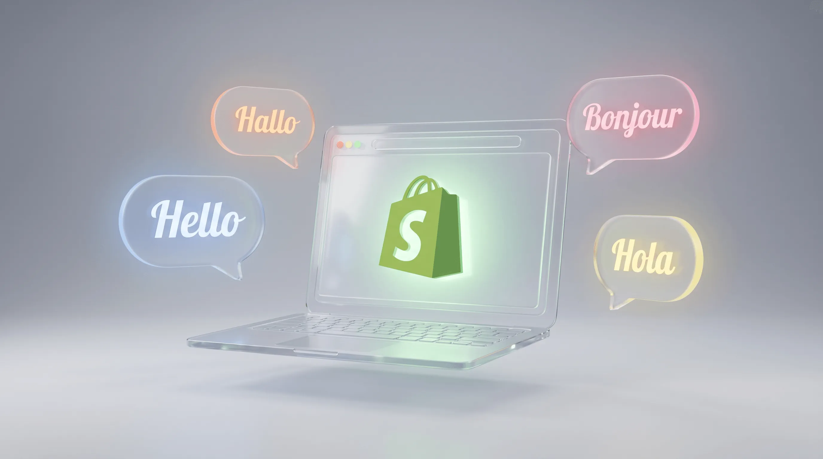 Shopify Sprache ändern – Glas-Laptop mit Shopify Logo und mehrsprachigen Sprechblasen