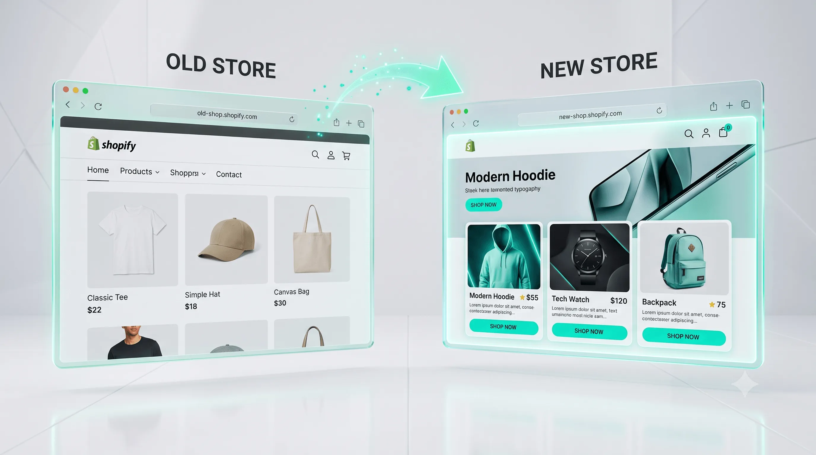Shopify Theme wechseln: Bildschirm mit zwei Shop-Designs im Vergleich vor und nach dem Theme-Wechsel