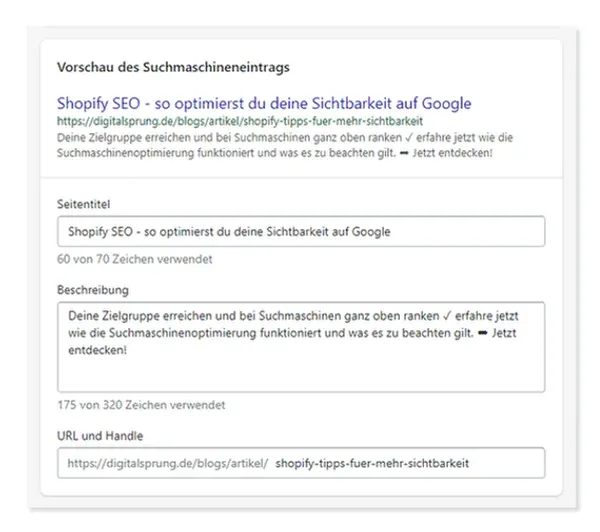Suchmaschineneintrag hinterlegen bei Shopify