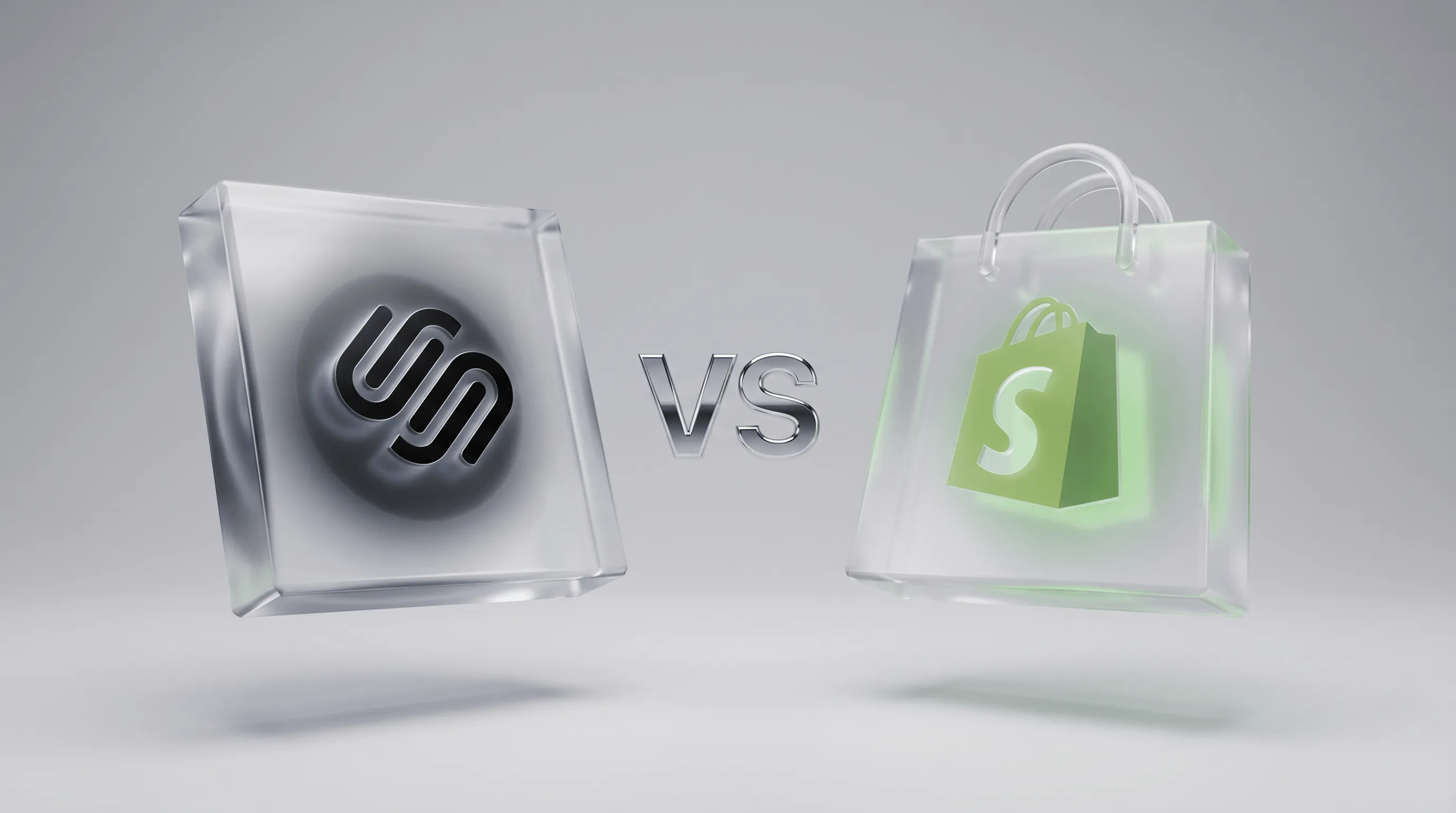 Shopify vs. Squarespace – zwei Glas-3D-Objekte mit Logos im Glass Morphism Stil